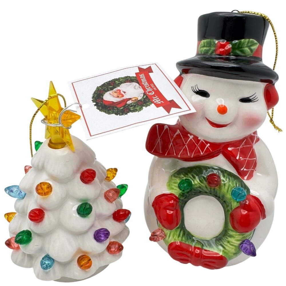 Mr. Christmas Nostalgic Light-Up Ceramic Snowman Mini Christmas Tree Ornament